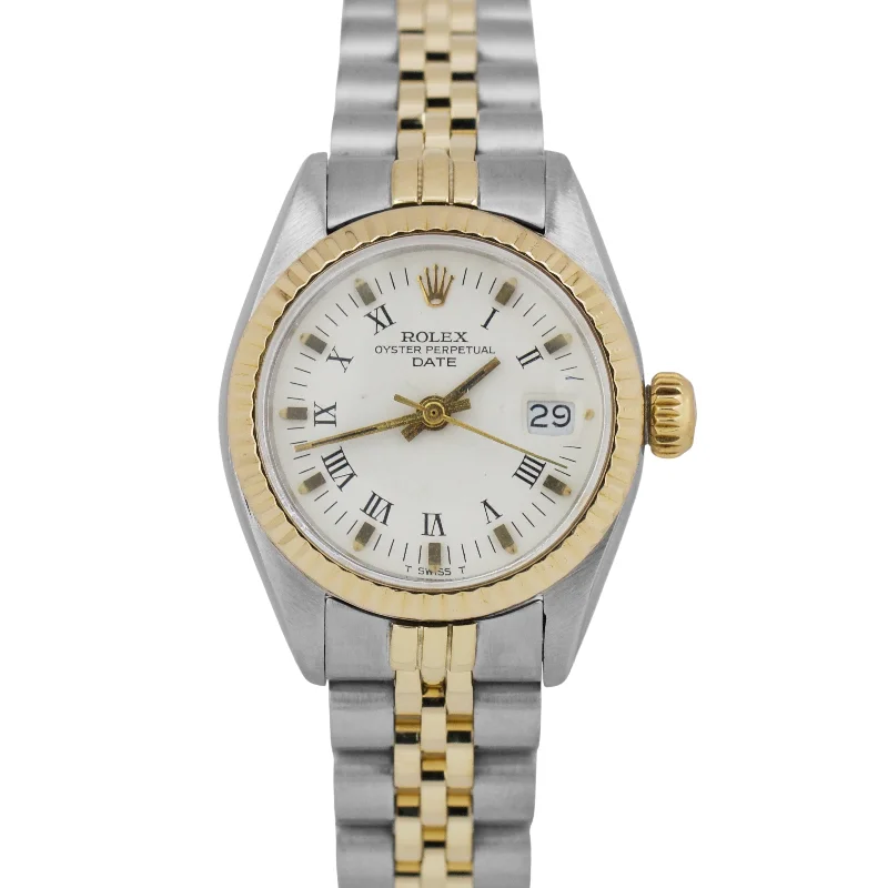 Unisex luxury watches-Rolex DateJust 26mm WHITE ROMAN Two-Tone 18K Yellow Gold JUBILEE Fluted 6917