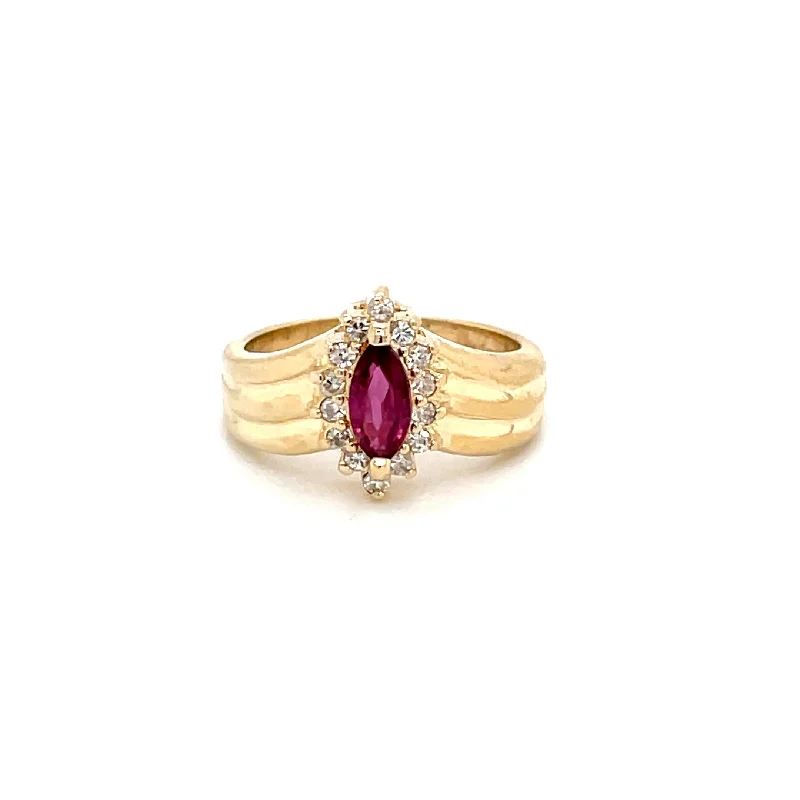 Women’s radiant-cut engagement rings-ESTATE 14K YELLOW GOLD CONTOUR RUBY RING FEATURING DIAMOND HALO