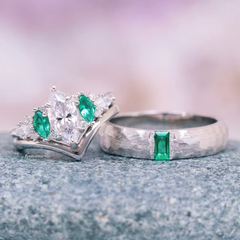 Women’s radiant-cut solitaire engagement rings-Emerie Diamond (cz) & Emerald Couples Ring Set