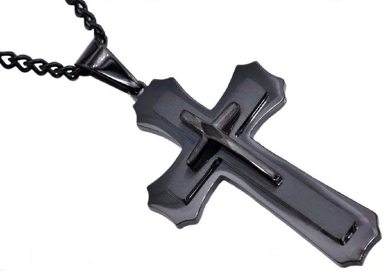 Women’s cubic zirconia necklaces-Mens Black Stainless Steel Layered Cross Pendant Necklace