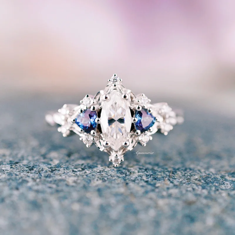 Women’s engraved engagement rings-Marquise Moissanite Diamond & Alexandrite Ring- 14K White Gold