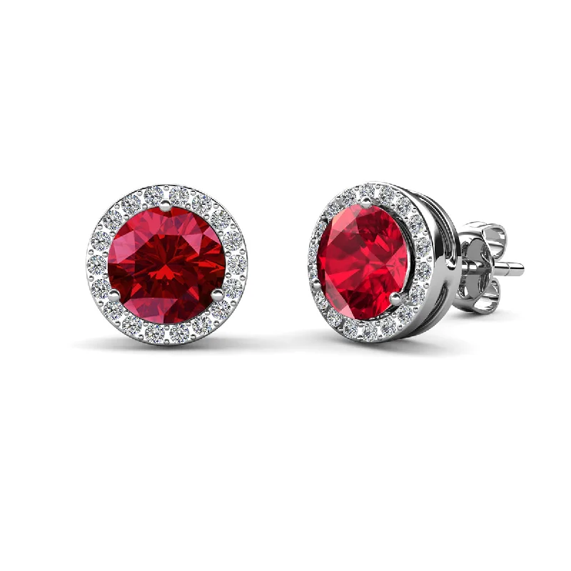 Women’s luxury earrings-Royal 18k White Gold Plated Birthstone Halo Earrings with Round Cut Swarovski Crystals