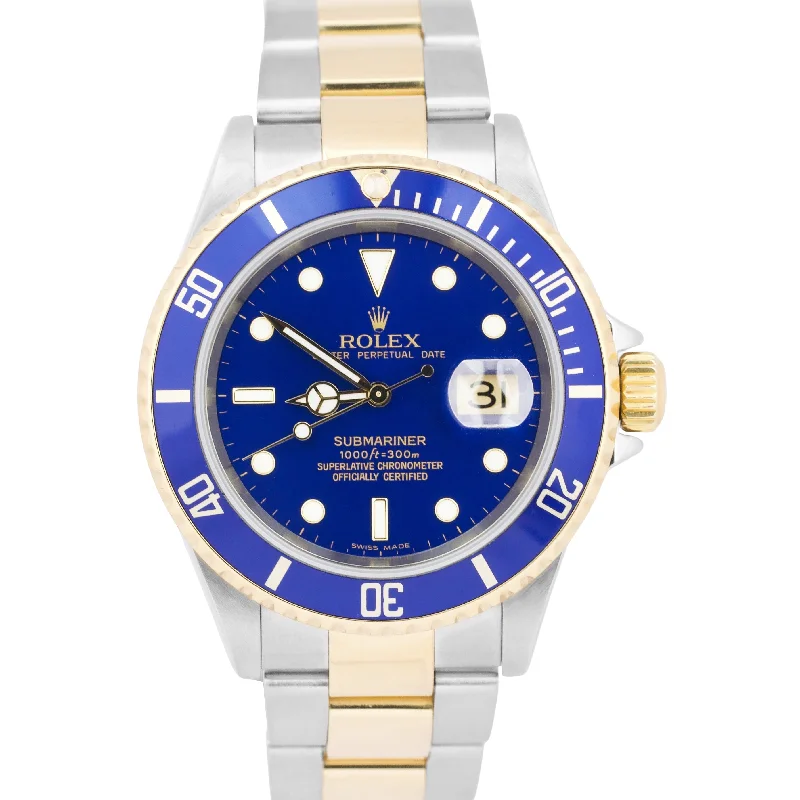 Unisex sports watches-Rolex Submariner Date 40mm BLUE 18K NO-HOLES Steel GOLD BUCKLE 16613 Watch