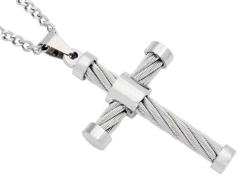 Women’s boho necklaces-Mens Stainless Steel Cable Cross Pendant Necklace