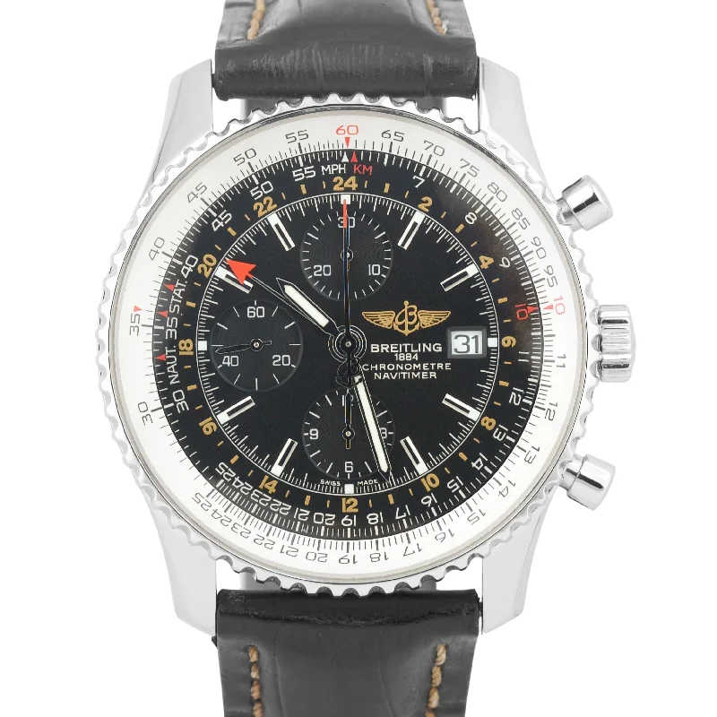 Unisex casual leather watches-Breitling Navitimer World GMT Black Stainless Leather Chronograph 46mm A24322