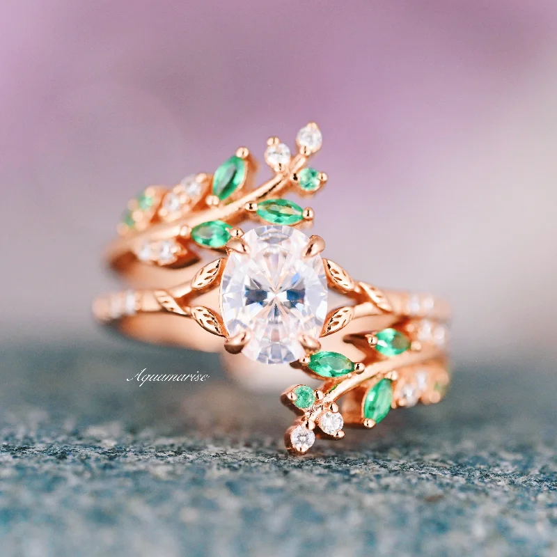 Women’s bold engagement rings-Diamond (cz) & Emerald Leaf Fairy Ring- 14K Rose Gold Vermeil