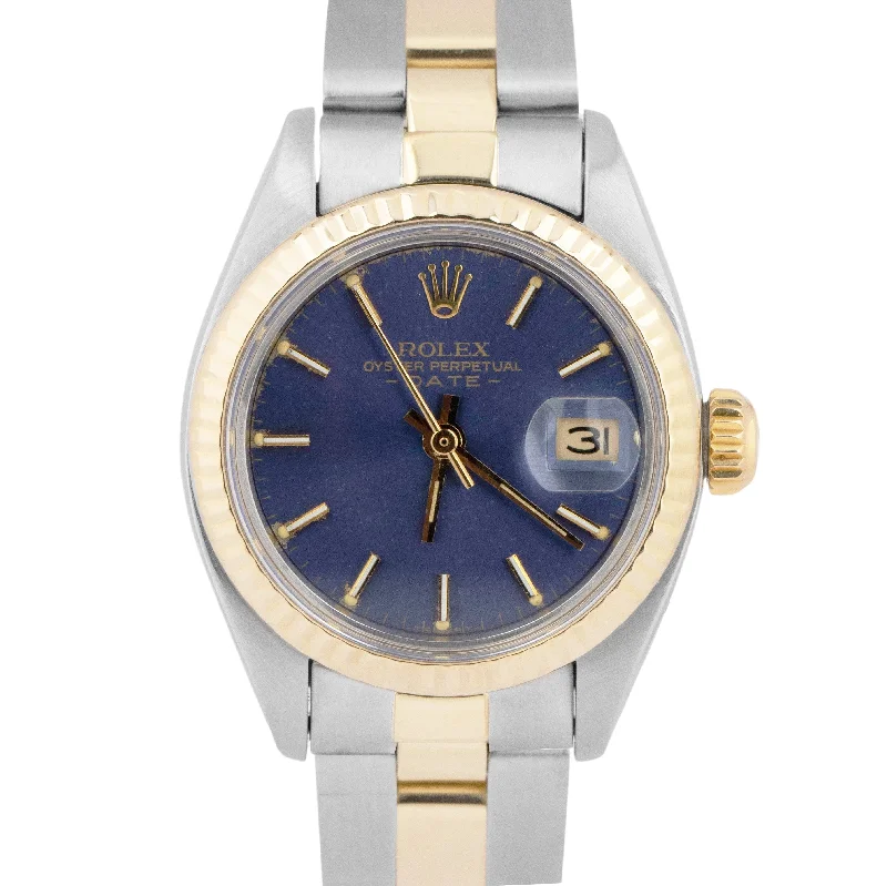 Unisex solar-powered wristwatches-MINT Rolex Oyster Perpetual Date 26mm BLUE Two-Tone 18K Gold Fluted 6917 Watch