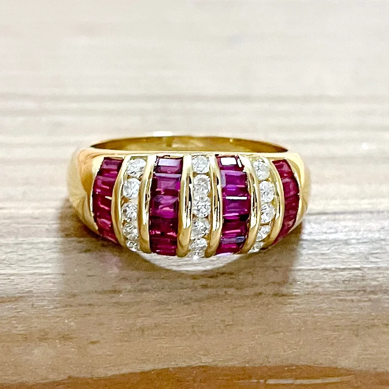 Women’s fancy colored diamond engagement rings-ESTATE 18K YELLOW GOLD DOMED FASHION RING WITH RUBIES AND DIAMONDS