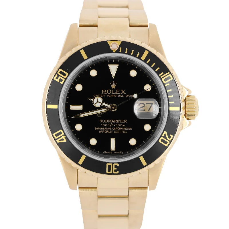 Unisex sports watches-Rolex Submariner Date 18K Yellow Gold NO-HOLES Black 40mm 16618T Oyster Watch