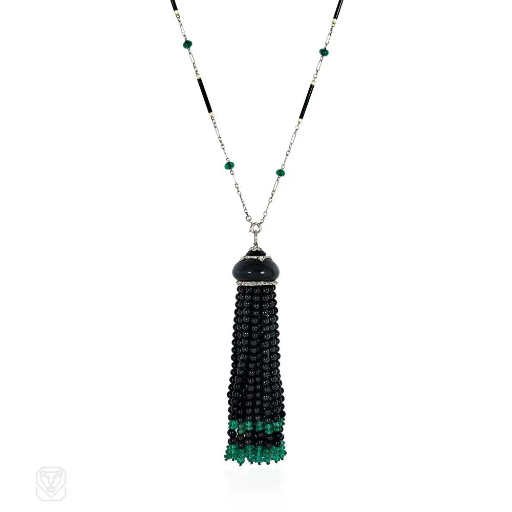 Women’s adjustable necklaces-Art Deco French onyx, emerald, enamel, and diamond tassel necklace