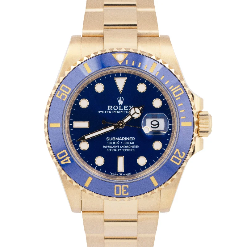 Unisex sporty wrist watches-NEW PAPERS Rolex Submariner Date 41mm 18K Yellow Gold Blue Watch 126618 LB BOX