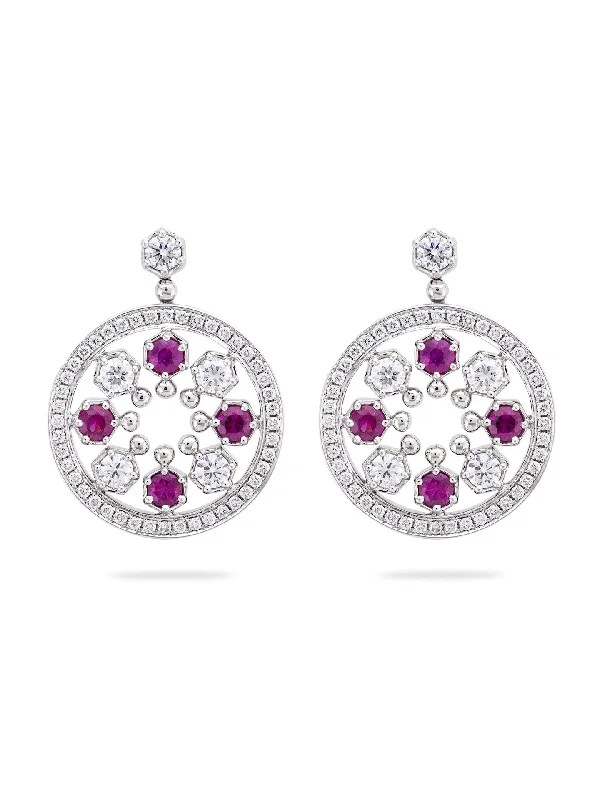 Women’s diamond dangle earrings-Circus White Gold Diamond and Ruby Drop Earrings