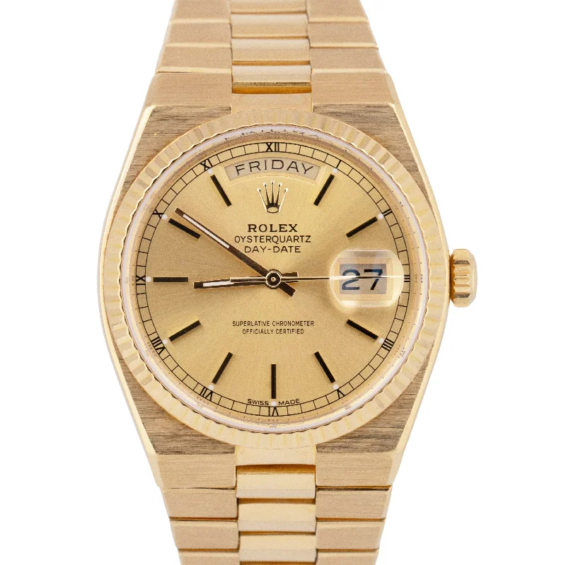 Unisex vintage-style leather watches-PAPERS Rolex OysterQuartz Day-Date President Champagne 18K Yellow Gold 19018 BOX