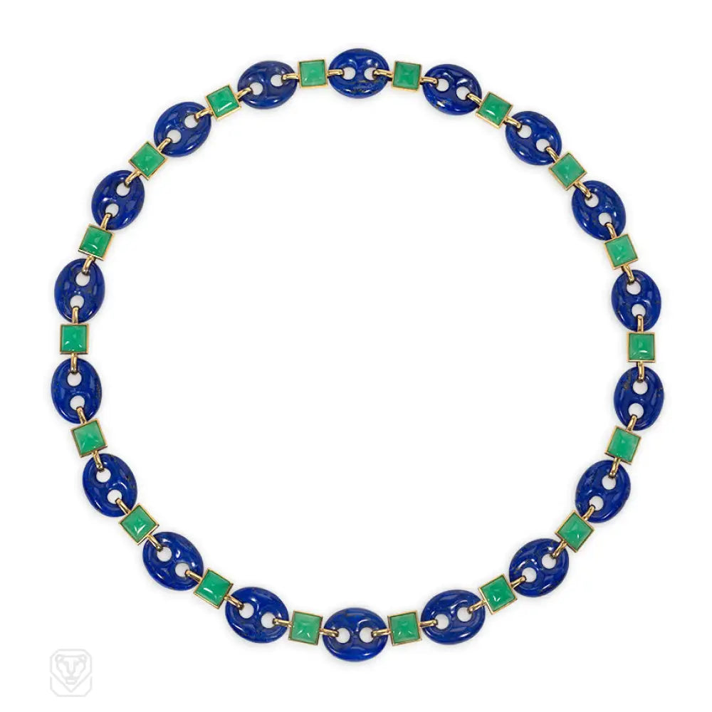 Women’s vintage silver necklaces-Estate lapis chaine d'ancre and chrysoprase adjustable necklace