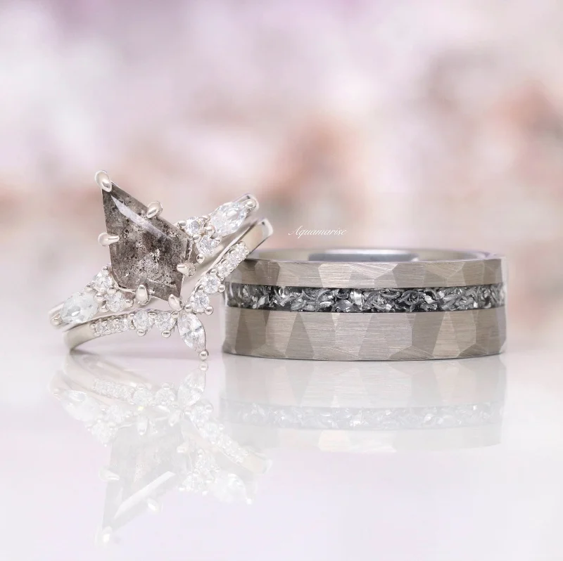 Women’s stackable engagement rings-Skye Kite™  Galaxy Salt & Pepper (Herkimer Diamond) and Meteorite Couples Ring