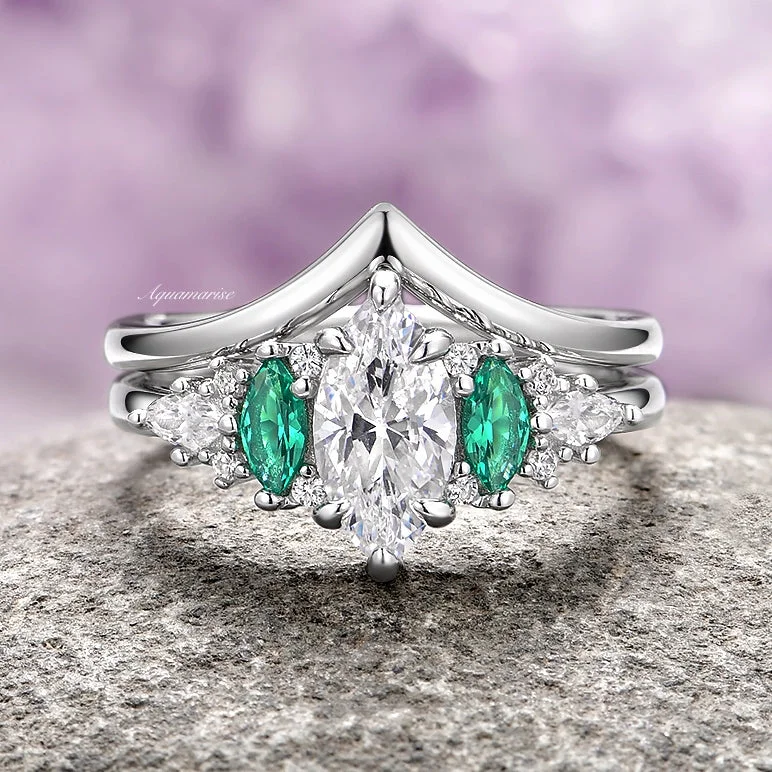 Women’s heart-shaped engagement rings-Emerie Simulated Diamond (cz) & Emerald Ring Set- Sterling Silver