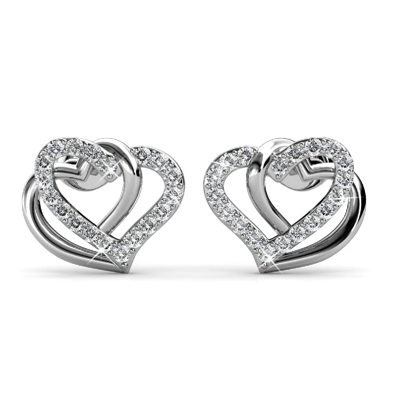 Women’s rose gold earrings-Angela 18k White Gold Plated Silver Double Heart Stud Earrings with Swarovski Crystals