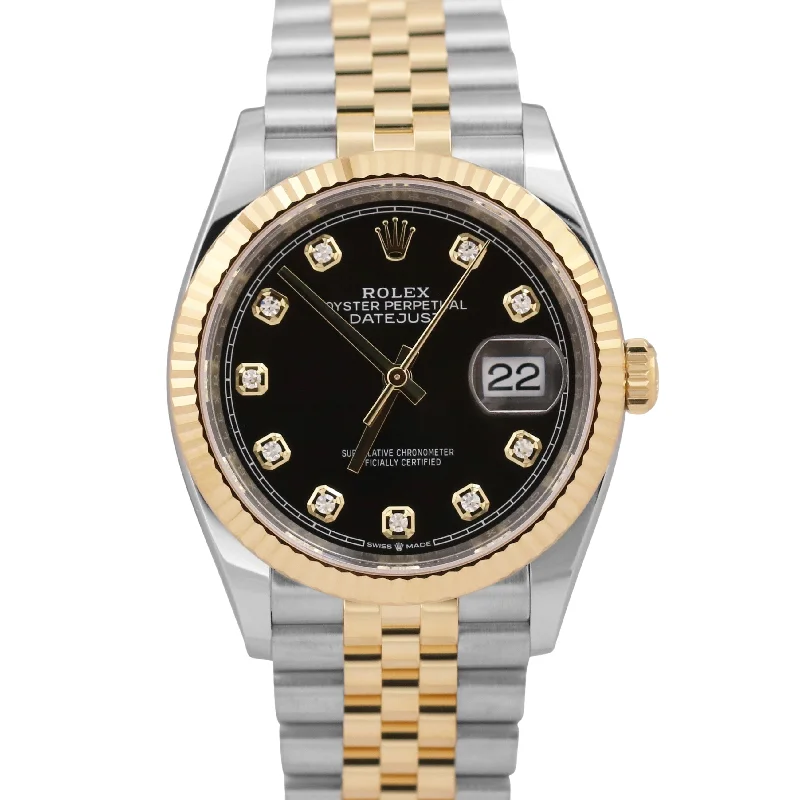 Unisex classic watches-MINT 2024 PAPERS Rolex DateJust 36mm BLACK DIAMOND 18K Gold JUBILEE 126233 BOX