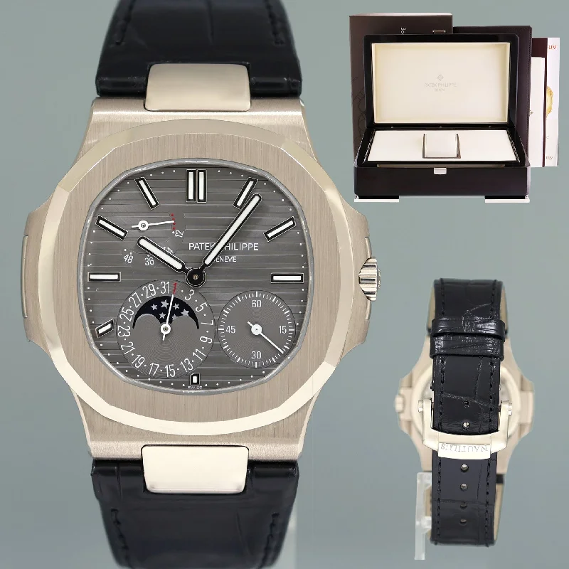 Unisex fashion smartwatches-MINT PAPERS Patek Philippe Nautilus White Gold Leather 5712G Moonphase Watch Box