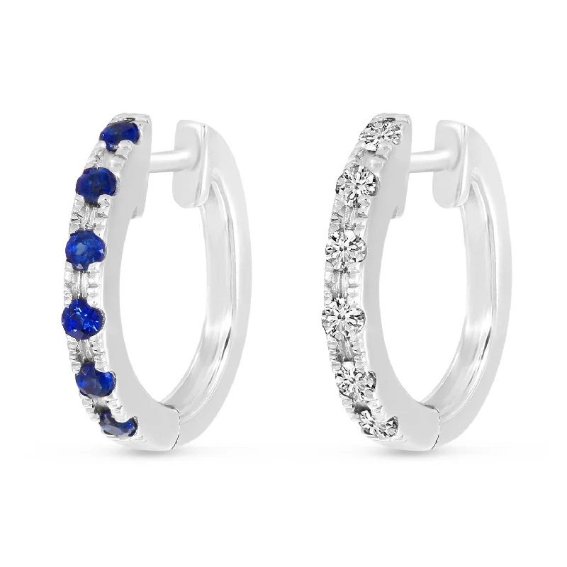 Women’s thick hoop earrings-14K White Gold 0.12cttw. Diamond & 0.12cttw. Sapphire Reversible Huggie Hoop Earrings