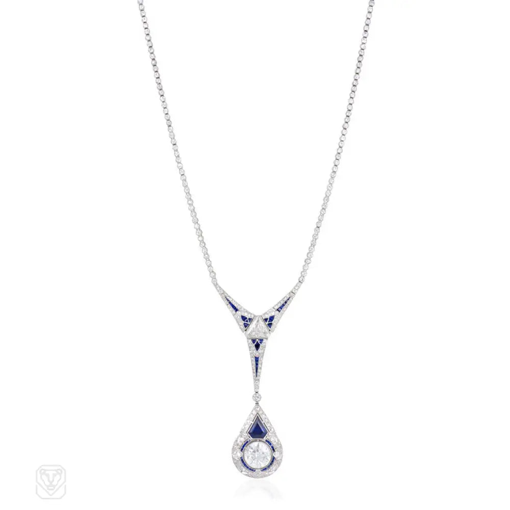 Women’s intricate design necklaces-Art Deco diamond lavalier with Palin sapphire and diamond pendant