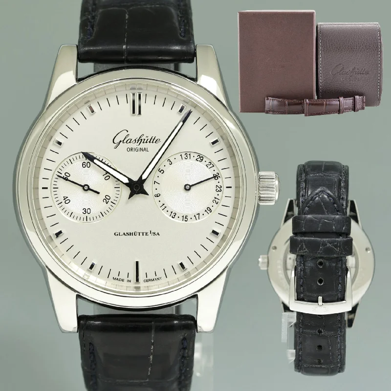 Unisex gold watches-Glashütte Original Senator Hand Date 1-39-58-02-02-04 Silver 40mm Watch Box