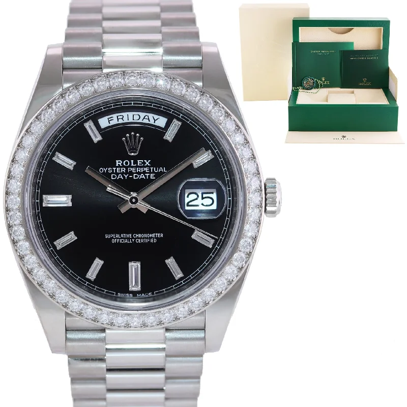 Unisex sleek watches-2022 MINT Rolex Day Date 40 White Gold President Black Diamond Bezel 228349 Watch