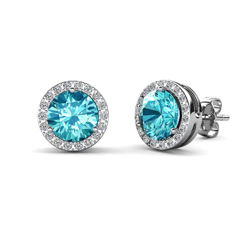 Women’s thick hoop earrings-Royal 18k White Gold Plated March Birthstone Halo Earrings with Round Cut Aquamarine Swarovski Crystals