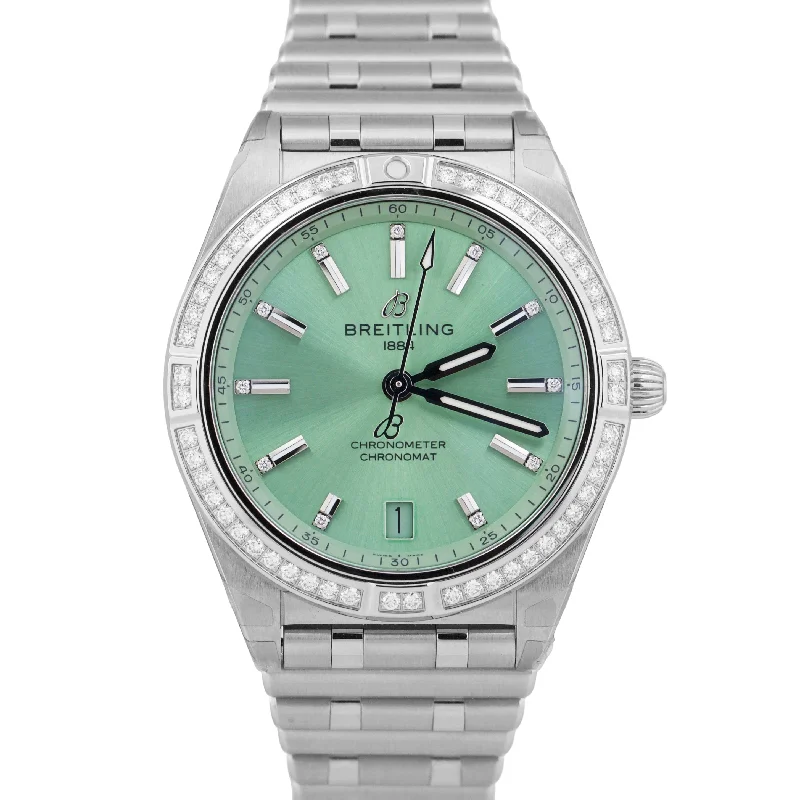 Unisex silver metal watches-BRAND NEW Breitling Chronomat GREEN DIAMOND Steel PAPERS 36mm Watch A10380 BOX