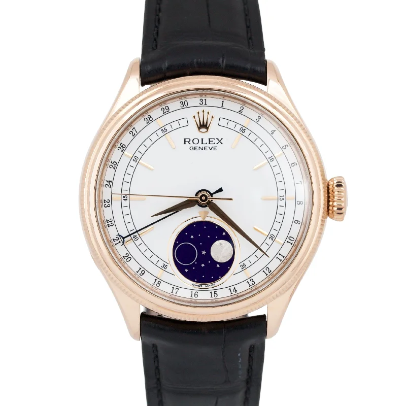 Unisex fashion watches-MINT Rolex Cellini Moonphase WHITE 18K Rose Gold Leather Everose 39mm 50535 BOX