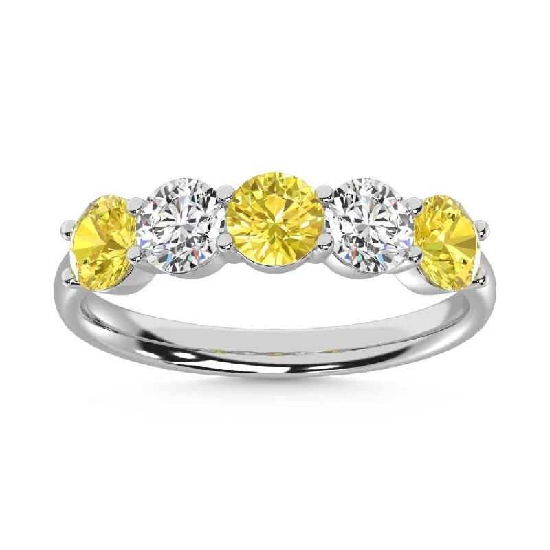 Women’s heart-shaped engagement rings-14K White Gold  2 Ct.Tw. 5 Stone Alternate White and Yellow Lab Grown Diamond Band