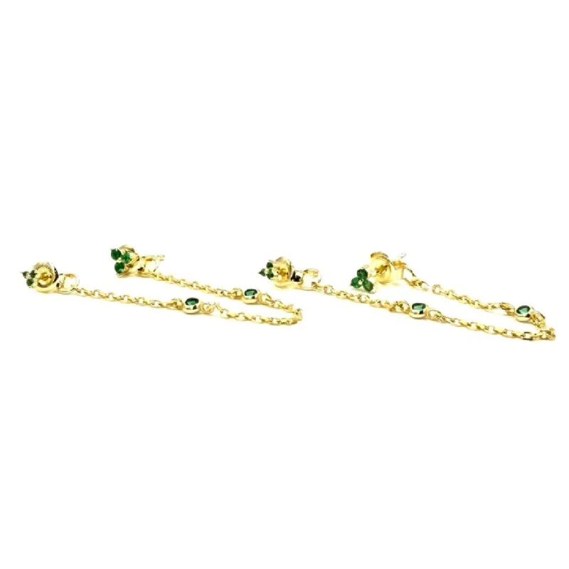 Women’s silver chandelier earrings-Ashley Gold Sterling Silver Gold Plated Double Post Chain Green CZ Earrings