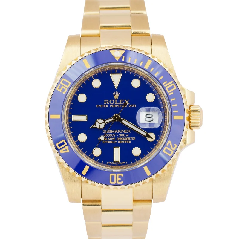 Unisex wrist watches-PAPERS Rolex Submariner Date BLUE 40mm Ceramic 18K Yellow Gold 116618 LB BOX