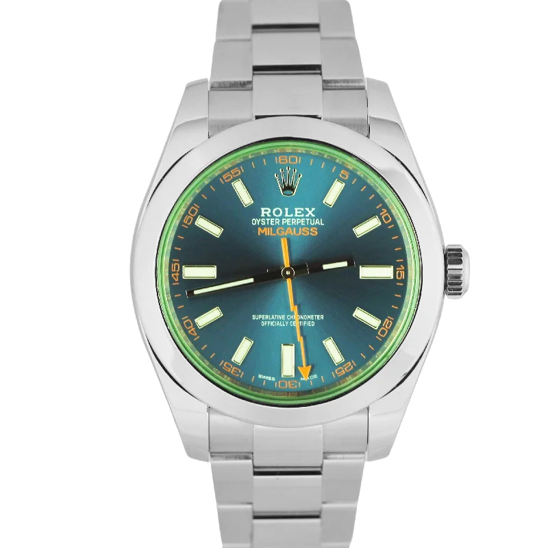 Unisex leather band watches-Rolex Milgauss Stainless Steel Z-Blue Green 40mm 116400 GV Oyster Watch