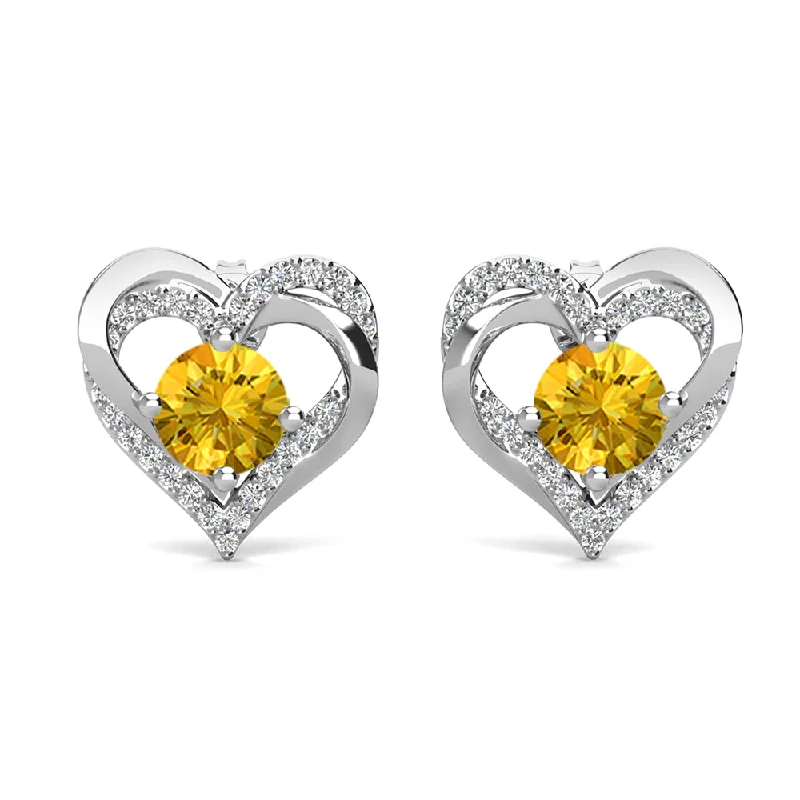 Women’s minimalist earrings-Forever November Birthstone 18k White Gold Plated Silver Double Heart Citrine Earrings  with Swarovski Crystals.