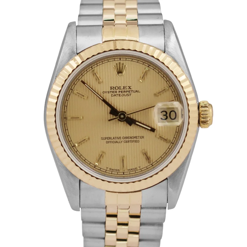 Unisex military style watches-Rolex DateJust 31mm Midsize CHAMPAGNE TAPESTRY 18k Gold Steel JUBILEE 68273