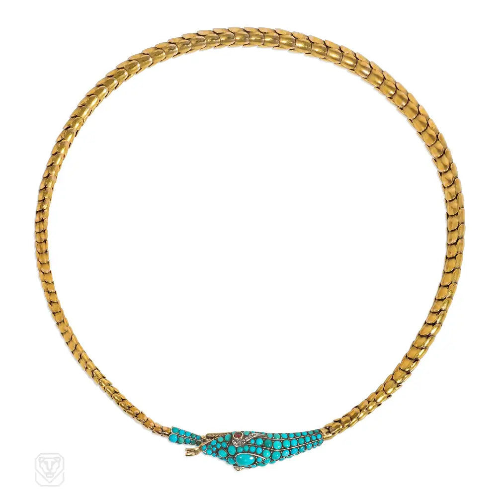 Women’s emerald necklaces-Antique gold and turquoise snake necklace