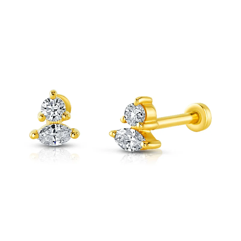 Women’s filigree engagement rings-SINGLE ROUND & MARQUISE DIAMOND FLAT BACK STUD, 14kt Gold