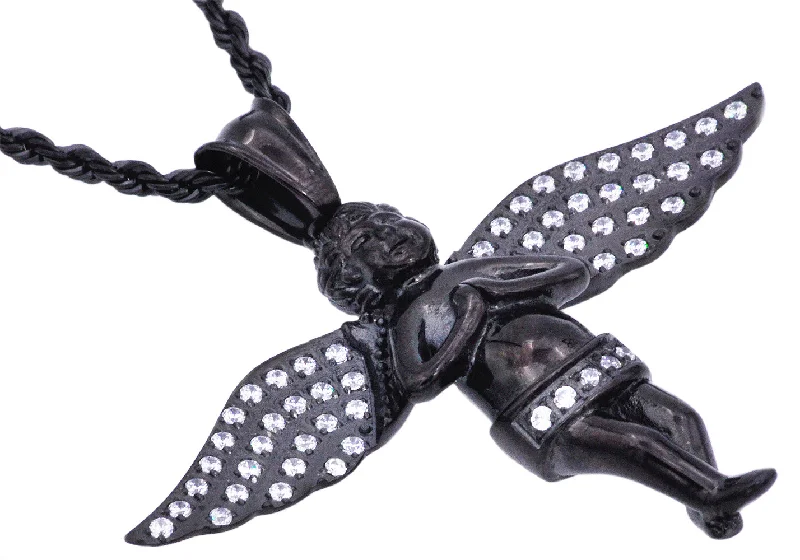 Women’s choker necklaces-Mens Black Stainless Steel Angel Pendant Necklace With Cubic Zirconia