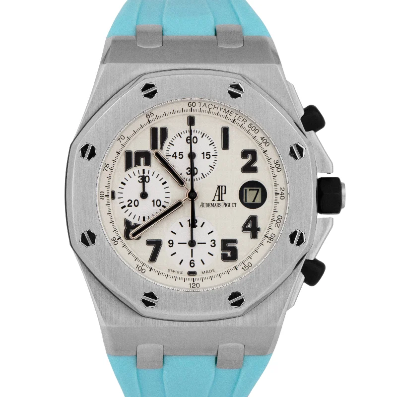 Unisex moon phase watches-MINT Audemars Piguet Royal Oak Offshore Safari Cream White Chrono Steel 26170ST