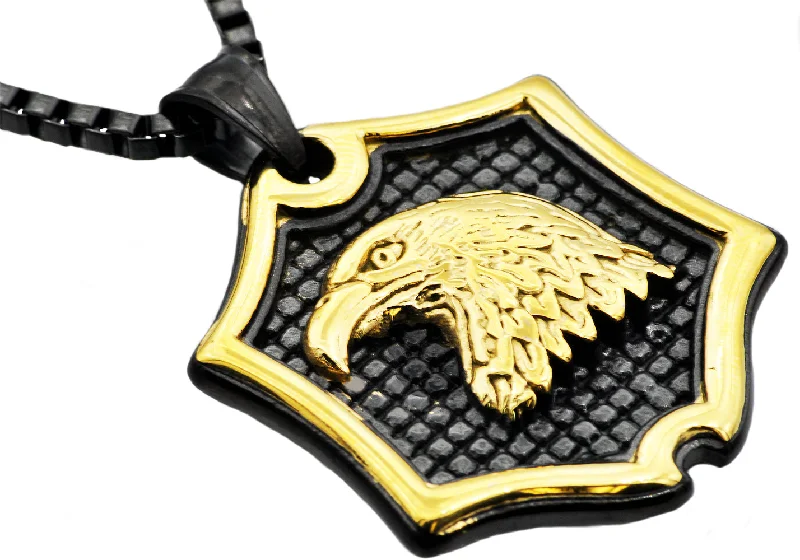 Women’s heart-shaped necklaces-Mens Black And Gold Stainless Steel Eagle Pendant Necklace