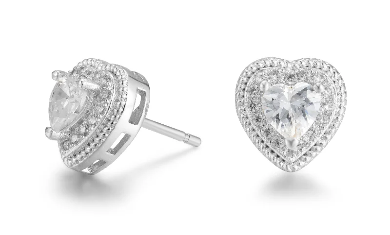 Women’s silver stud earrings-Coraline 18k White Gold Plated Silver Heart Stud Earrings with Simulated Diamond Crystals