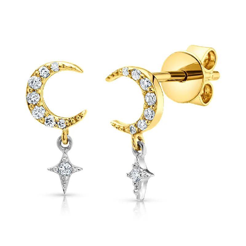 Women’s classic diamond engagement rings-CRESCENT MOON AND STAR DIAMOND STUDS, 14kt GOLD