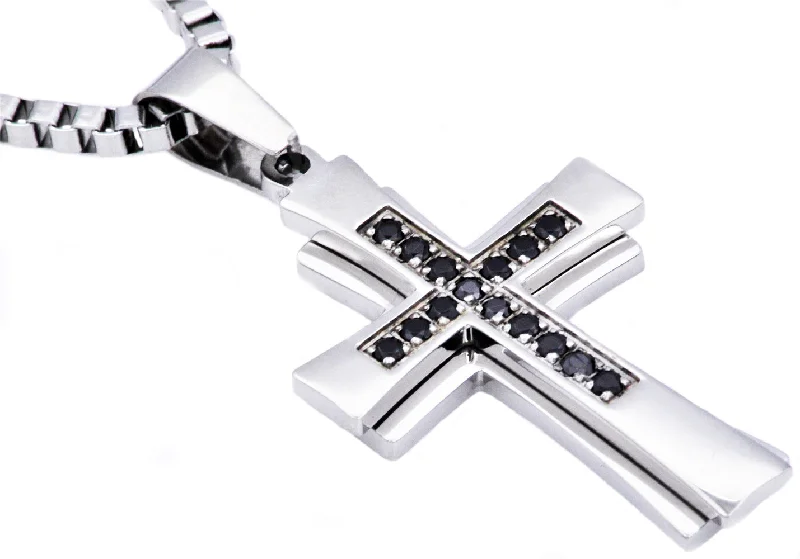 Women’s bar necklaces-Mens Stainless Steel Cross Pendant Necklace With Black Cubic Zirconia