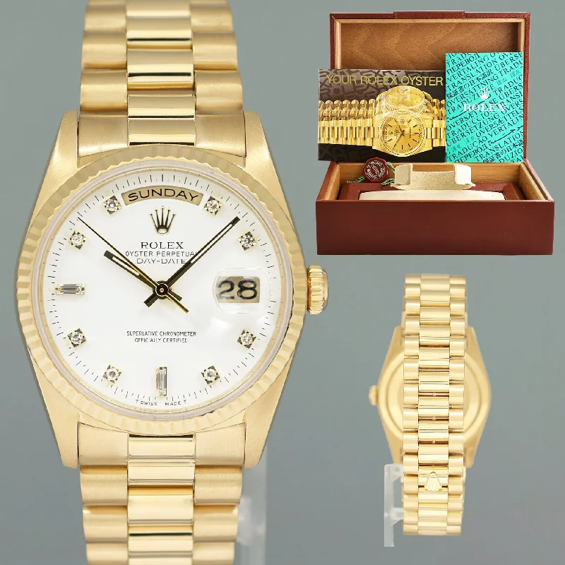 Unisex leather strap wristwatches-1994 MINT Rolex President Day Date White Diamond 18238 Double Quick Gold Watch