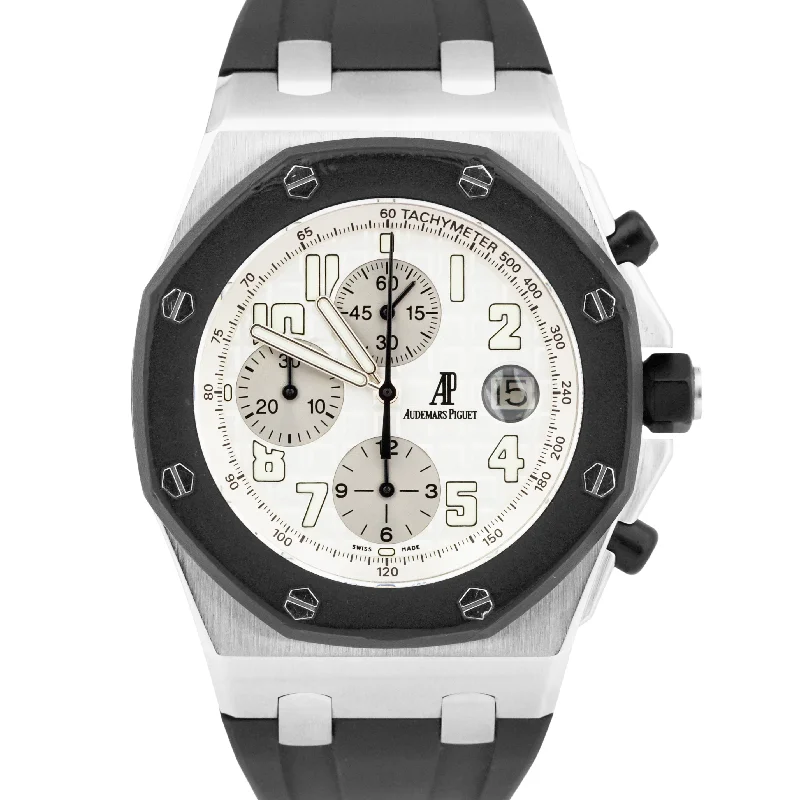 Unisex fashion watches-Audemars Piguet Royal Oak Offshore Chronograph Steel White 42mm Rubber 25940SK