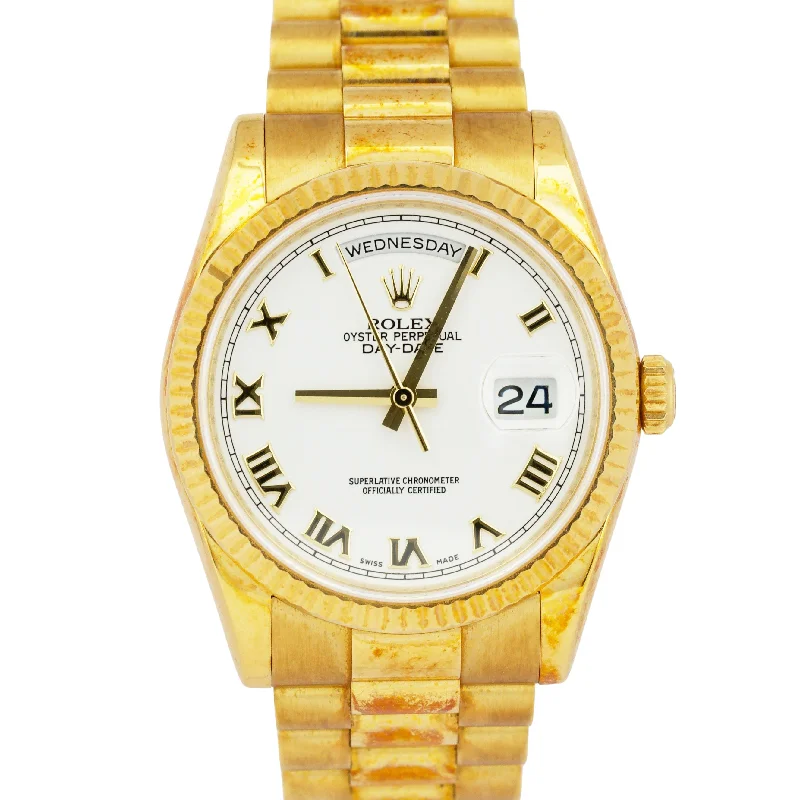 Unisex leather band watches-UNPOLISHED PAPERS Rolex Day-Date WHITE ROMAN 36mm 18K Gold PATINA 118238 BOX