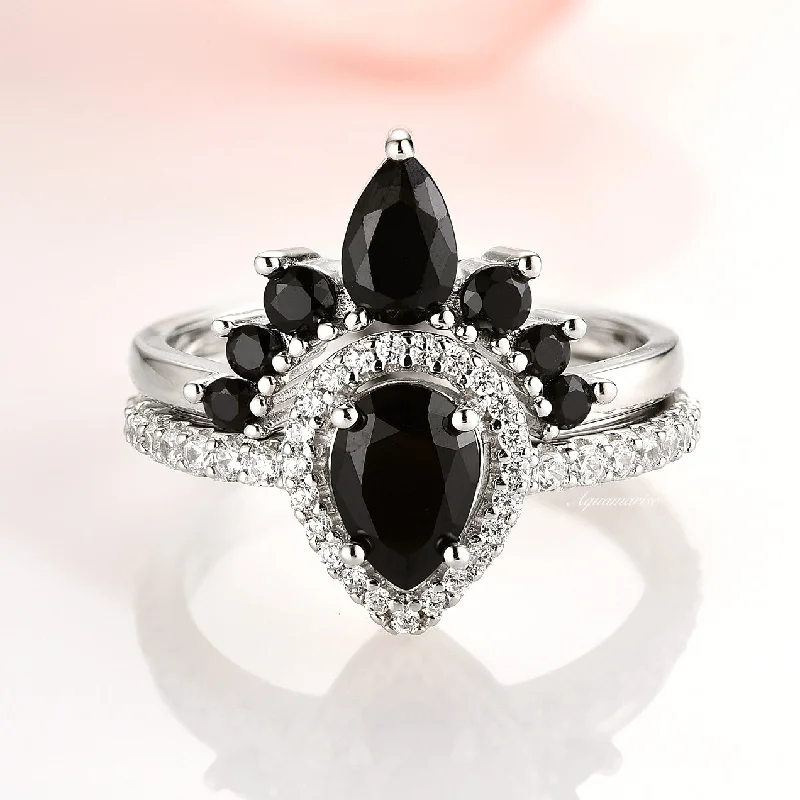 Women’s white diamond engagement rings-Amy Black Diamond (Onyx) Ring Set- 925 Sterling Silver