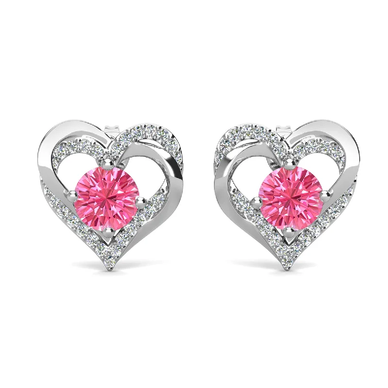 Women’s retro earrings-Forever October Birthstone 18k White Gold Plated Silver Double Heart Pink Tourmaline Earrings with Swarovski Crystals