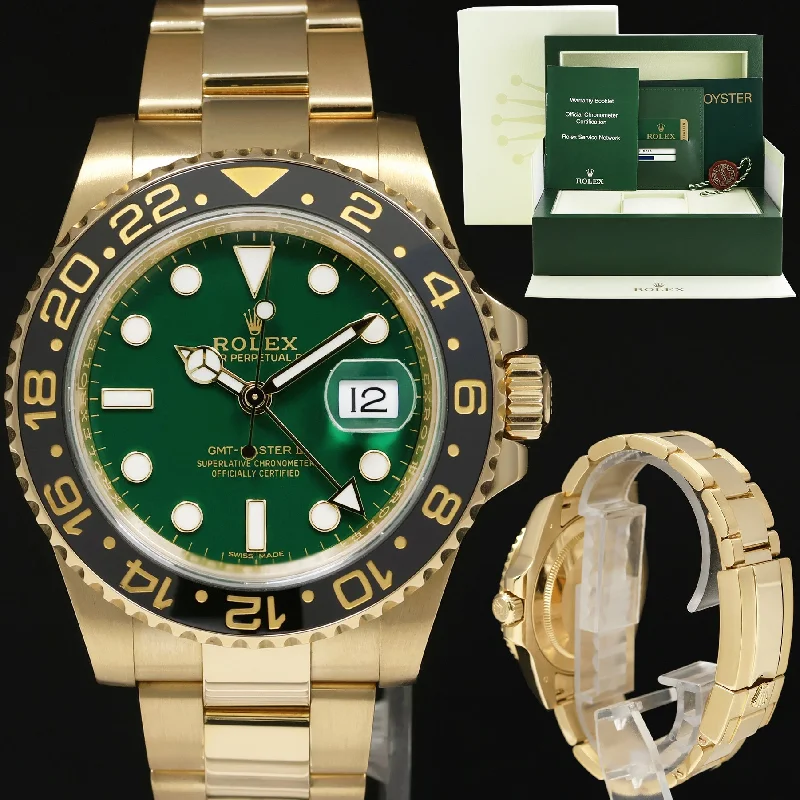 Unisex black watches-MINT 2013 PAPERS Rolex GMT-Master 2 Ceramic Green Dial 116718 Yellow Gold Watch